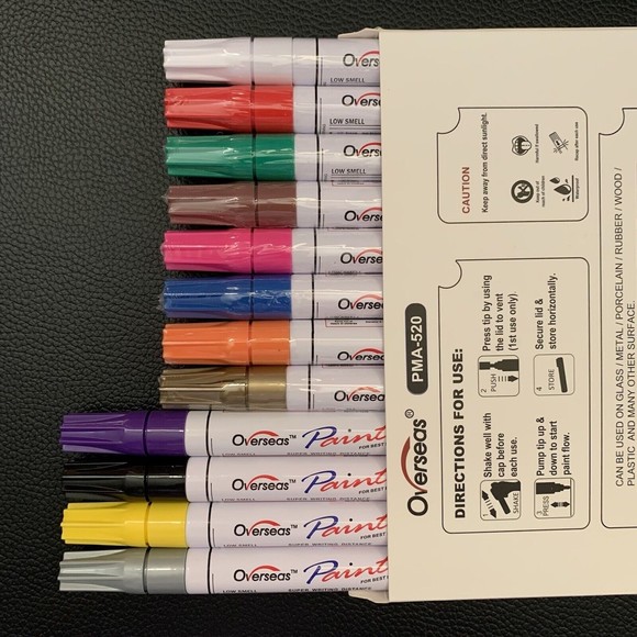 Oil Based Paint Marker Pen 12 CT Multi Color Permanent Overseas PMA-520 (4 Used) - Picture 2 of 5